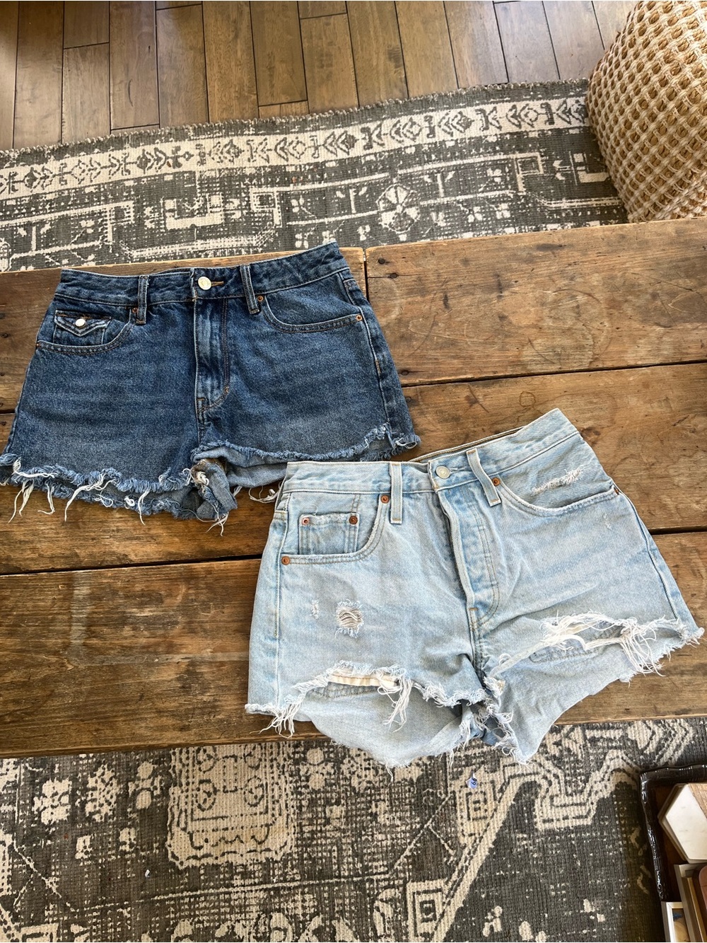 High-Rise Distressed Denim Shorts - Light Wash and Dark Wash